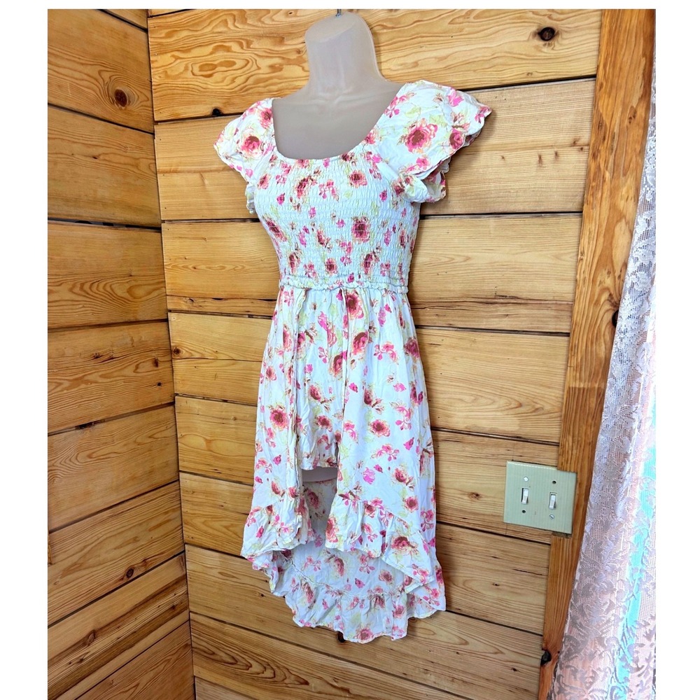 Floral High Low Romper Skort Dress Smocked Flutter Sleeve Pink Yellow Rose Print - Picture 2 of 13